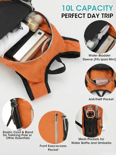 Miniatura 4 de VPBAGE Mochila de senderismo pequeña con soporte frontal para teléfono, mochila plegable con correa de pecho y cintura, Naranja-, Pequeño, Mochilas