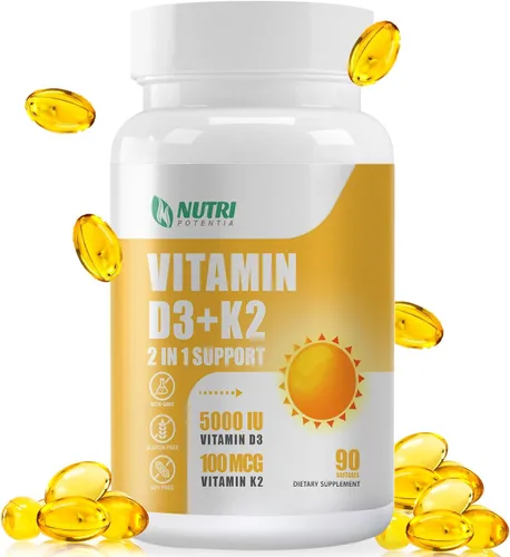 Suplemento de vitamina D3 K2 con aceite MCT, vitamina D3 5000 UI y K2 100 mcg Softgel, suplemento de apoyo para la salud ósea y cardíaca, sin