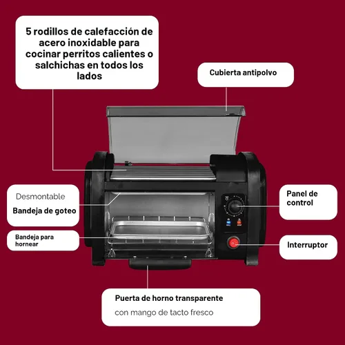 Miniatura 3 de Elite Gourmet EHD-051BX Horno Tostador para Hot Dog, Temporizador de 30 Minutos, Rodillos de Calentamiento de Acero Inoxidable, Bandeja para Migas