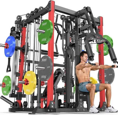 Miniatura 44 de Rack Multiusos para Sentadillas, Conjunto de Rack de Pesas Smith Machine con Sistema de Crossover de Cables, Racks de Potencia para Gimnasio en L04