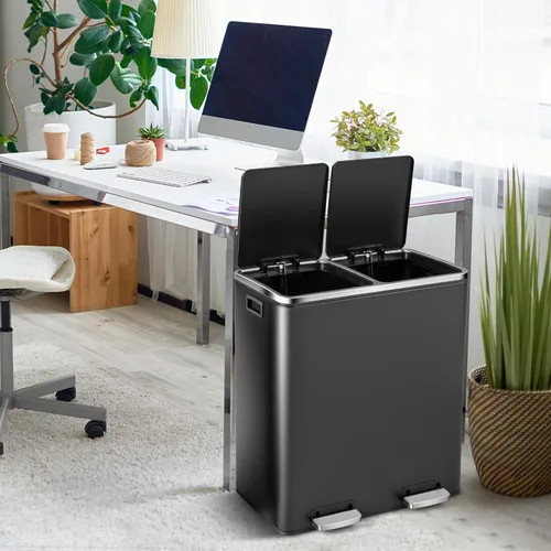 Miniatura 9 de Goplus Basurero doble de 60 litros (2 x 30 L)/16 galones de acero inoxidable, cubo de basura rectangular con cubos interiores y tapas con bisagras
