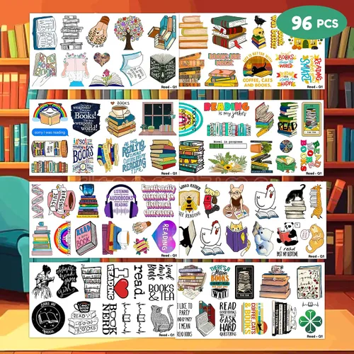 Miniatura 2 de (96 PCS) Libro de lectura Tatuajes temporales para niños, lindo nerd Bookish Calcomanías de recompensas escolares, suministros para fiestas