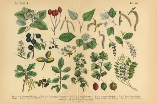 Póster botánico victoriano de borrado en seco con árboles frutales y plantas de bosque laminado, 24 x 16 pulgadas