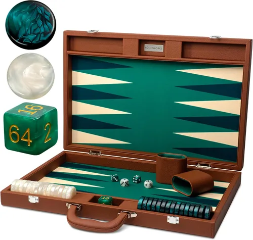 Miniatura 10 de Pointworks Juego de Backgammon Premium de 19 Pulgadas para Adultos de Cuero Negro - Azul. Juego de Fichas y Dados Premium de 1.6 Pulgadas, Juego