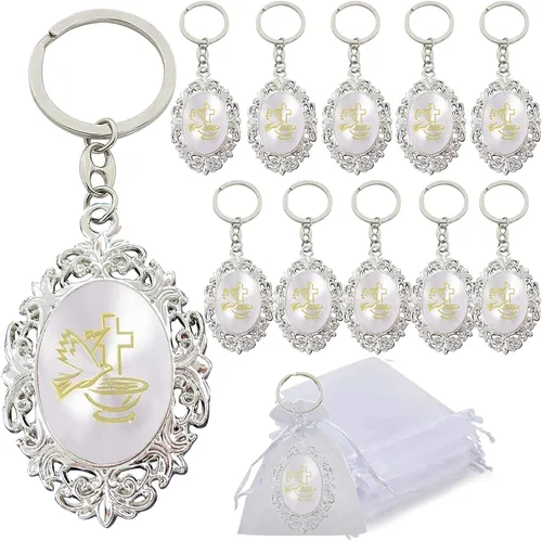 12pcs Bautismo Favores Recuerdos Para Bautizo gravados Llavero de Primera Comunión Bautizo Recuerdos (borde dorado)