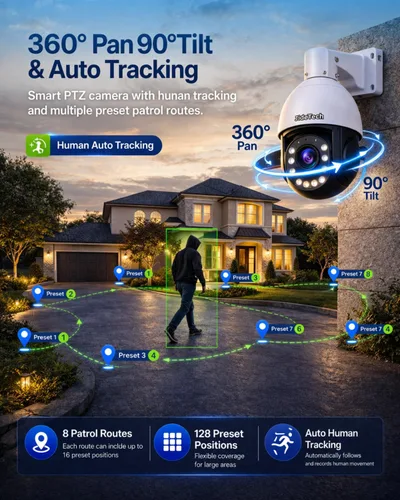 Miniatura 4 de JideTech Cámara de seguridad IP PoE PTZ IP PoE de 200X con zoom híbrido 4K 8MP para exteriores, seguimiento automático de inclinación de 360°