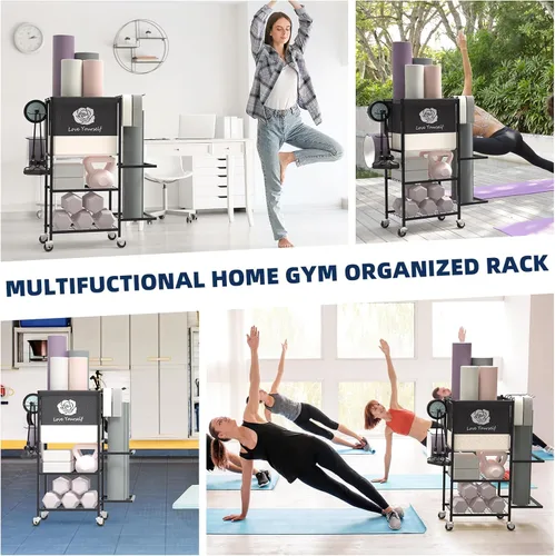 Miniatura 8 de Estante de Almacenamiento para Esterilla de Yoga, Estante de Almacenamiento para Gimnasio en Casa, Organizador de Almacenamiento de Equipo de Negro