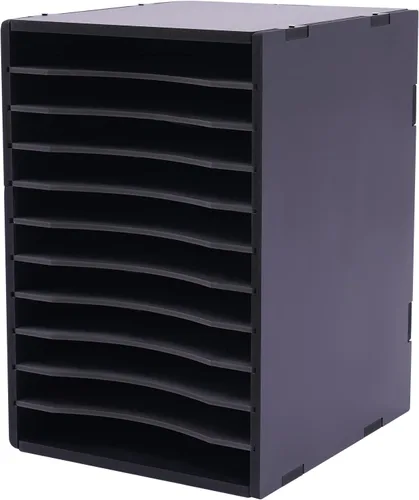 Clasificador vertical de escritorio con 11 ranuras, organizador vertical de archivos de correo negro, organizador de clasificador de papel de PVC