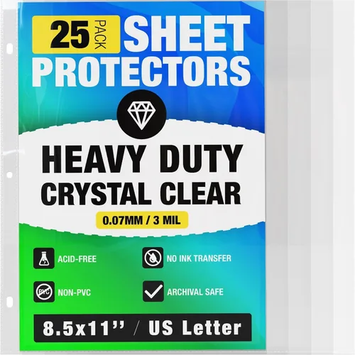 25 paquetes de protectores de hojas transparentes resistentes de 8.5x11 para carpeta de 3 argollas, protectores de plástico para documentos en papel