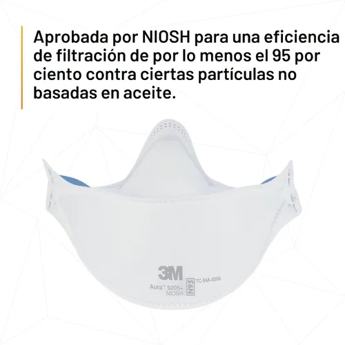Miniatura 7 de 3M Aura - Respirador de partículas 9205+, N95, paquete de 20 respiradores desechables, envueltos individualmente, diseño de pliegue plano de 3