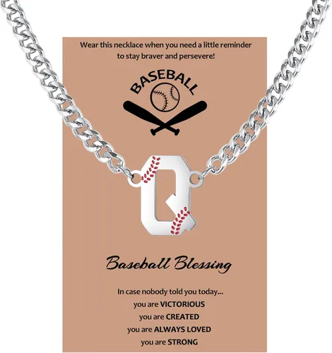 Miniatura 10 de QINJIEJIE Collar de béisbol inicial A-Z con letras, accesorios deportivos, colgante de encanto de béisbol, joyería de cadena de acero inoxidable 2-P