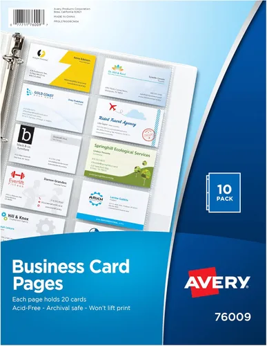 Avery Páginas organizadoras transparentes de tarjetas de visita para carpetas de 3 anillos, paquete de 10, con capacidad para 200 tarjetas en total
