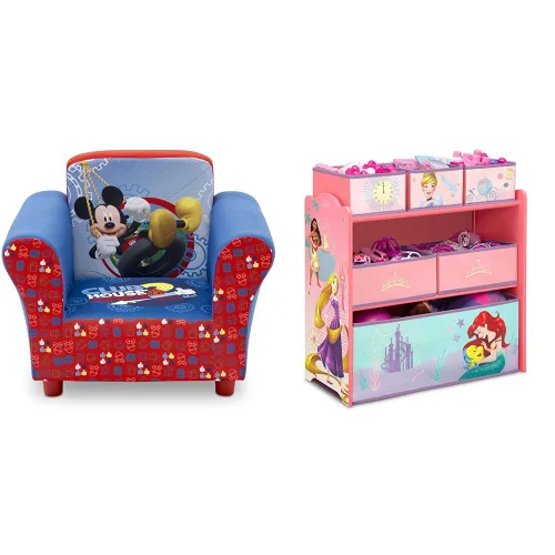 Delta Children Silla tapizada, Disney Mickey Mouse & Design & Store Organizador de almacenamiento de juguetes de 6 compartimientos, Disney Princess
