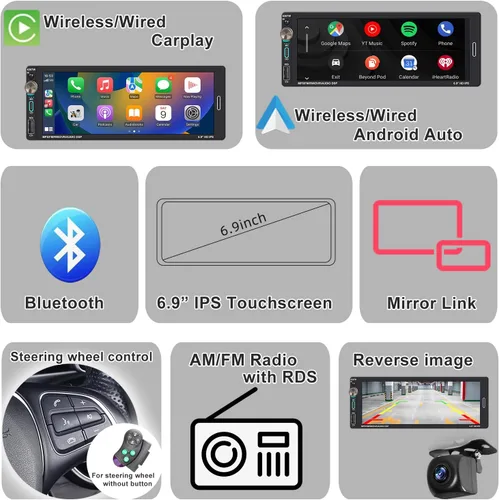 Miniatura 2 de Radio de pantalla táctil para automóvil de un solo DIN (6.9 pulgadas) compatible con Apple CarPlay [Inalámbrico] Android Auto estéreo para automóvil