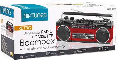 Miniatura 6 de Riptunes Boombox de cassette, Boombox retro Bluetooth, reproductor y grabador de cassette, radio AM/FM/SW-1-SW2 de 4 bandas, USB, SD y entrada Negro