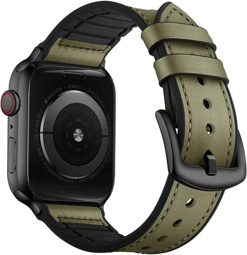 Miniatura 9 de OUHENG Correas de cuero compatibles con Apple Watch de 42mm 41mm 40mm 38mm, correa híbrida de cuero genuino y goma para iWatch Series 11 10 9 8 7 6
