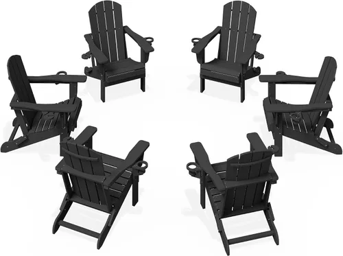 Miniatura 8 de KINGYES Silla plegable Adirondack con portavasos dobles - Sillas de exterior de HDPE para todo clima, silla de patio tipo madera para el patio Negro