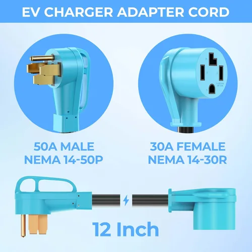 Miniatura 2 de CircleCord NEMA 14-50P a 14-30R Cable adaptador de cargador EV compatible con EV y uso de secadora, para carga EV de nivel 2, diseño doblado de 180