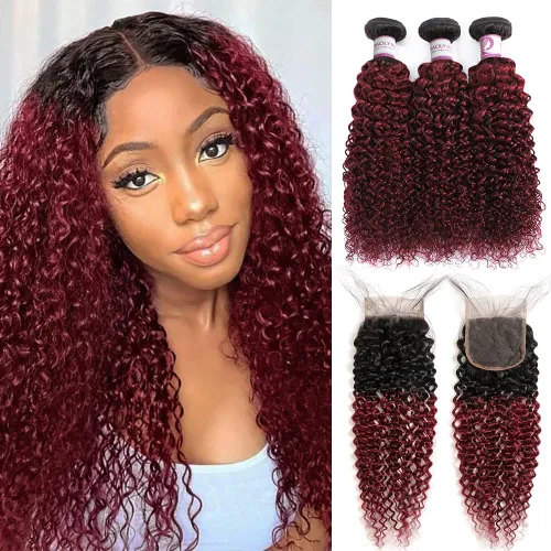 Miniatura 8 de 4 paquetes de cabello humano ondulado brasileño degradado borgoña T1B/99J, paquetes de cabello humano ondulado y húmedo para mujeres negras
