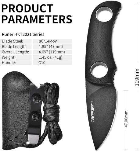 Miniatura 5 de TONIFE Cuchillo de hoja fija de 4.8 cm, cuchillo mini para el cuello con funda Kydex y cordón, cuchillo fijo portátil EDC para supervivencia al aire