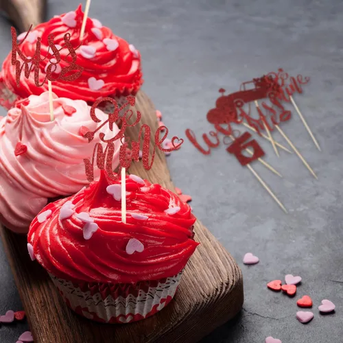 Miniatura 6 de Pajean 60 piezas de decoración para cupcakes para el día de San Valentín con purpurina roja y corazón de amor, beso me Lip Be Mine, caja de regalo