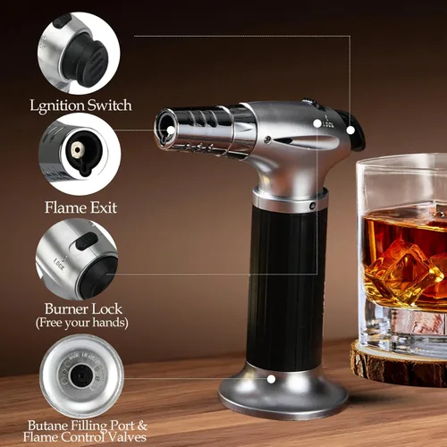 Miniatura 9 de Kit ahumador para whisky con antorcha - 6 sabores de astillas de madera, 2 vasos, 6 piedras para whisky, kit infusor para ahumar cócteles, kit Ébano