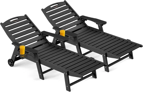 Miniatura 24 de Ciokea Silla de Descanso para Exteriores, Tumbona de Gran Tamaño con 5 Posiciones, HDPE, Silla de Descanso de Patio con Ruedas y Portavasos para Gris