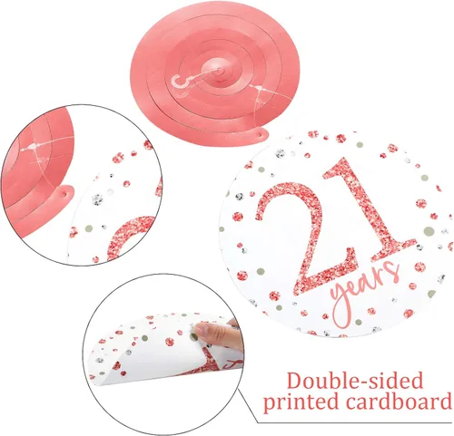 Miniatura 3 de Blulu Decoraciones de fiesta de cumpleaños número 21, pancartas de cumpleaños número 21, remolinos colgantes de oro rosa, decoraciones de techo