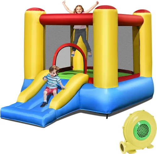 OLAKIDS Castillo de salto inflable con tobogán, área de rebote, borde de baloncesto, casa hinchable interior y exterior, malla de poliéster,