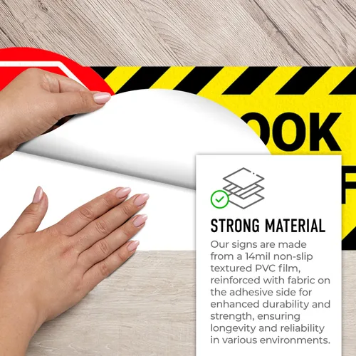 Miniatura 5 de Calcomanía de suelo con texto en inglés "Stop Look Out for Forklift Traffic", 26 x 6 pulgadas, adhesivo antideslizante, fabricado en Estados Unidos