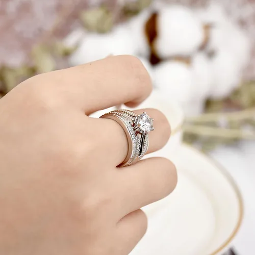 Miniatura 8 de Blongme Juegos de anillos de boda de catedral y clásicos para mujeres, plata esterlina 925, conjunto de anillos nupciales realzador, circonita