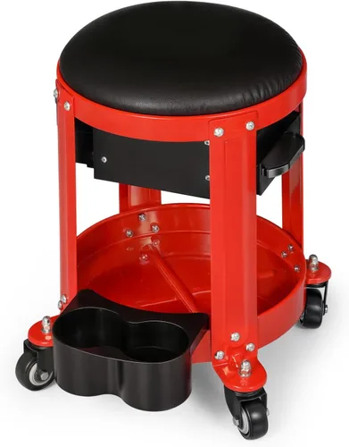 Magshion Rolling Shop Taburete para garaje con cajón integrado, almacenamiento de herramientas y soporte para latas, asiento mecánico acolchado de