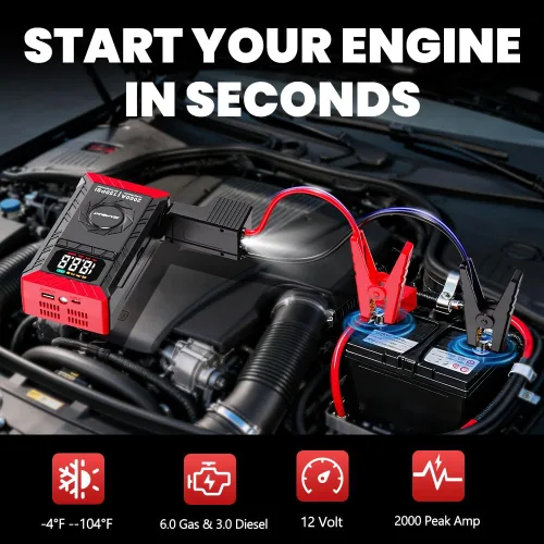 Miniatura 2 de SEAMOUNT Arrancador de 2000A con compresor de aire, cargador y potenciador de batería de auto portátil de 12V para motores de 6.0L de gasolina