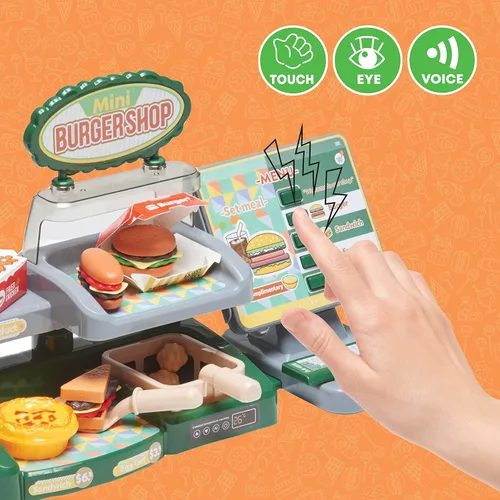 Miniatura 5 de Juego de hamburguesas con menú de juguete, juego de cocina para niños, soporte retro para comedor para niños, juego de cocina para niños pequeños