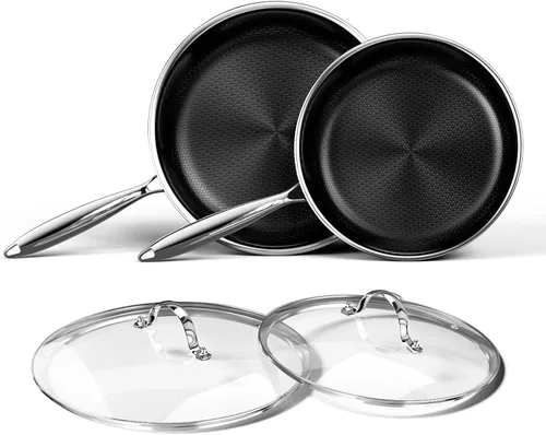 Sartén de Acero Inoxidable con Tapa - Juego de Sartén de Cerámica de Titanio de Acero Inoxidable Antiadherente, 10 Pulgadas y 12 Pulgadas, Sartén