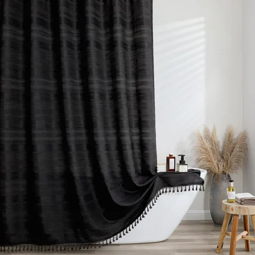 Miniatura 17 de OVZME Cortina de ducha bohemia negra, cortina de ducha estrecha de tela suave a rayas de lino texturizado con borla, moderna decoración de baño