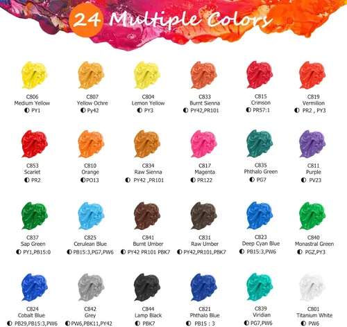 Miniatura 2 de Caliart Juego de pintura acrílica de 24 colores, botellas grandes de 4 onzas / 4.1 fl oz con 12 pinceles, kit de pintura artesanal para adultos