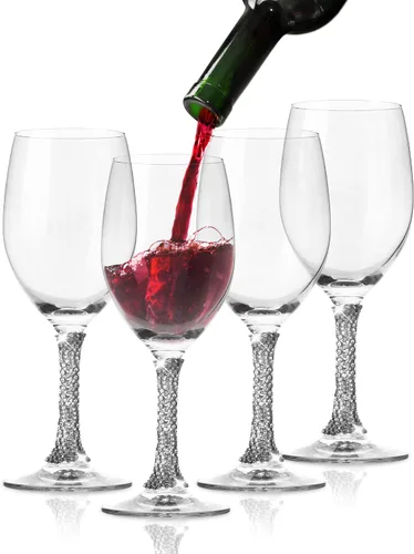 Miniatura 9 de Juego de 2 copas de vino de alta calidad, copas de vino de tallo largo con diseño de tallo plateado de diamantes de imitación, 12 onzas