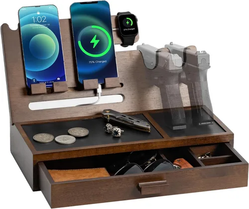 Miniatura 8 de DGWJSU Estación de acoplamiento para teléfono como regalo para hombres, estante de pistola de madera como organizador de mesita de noche para caja