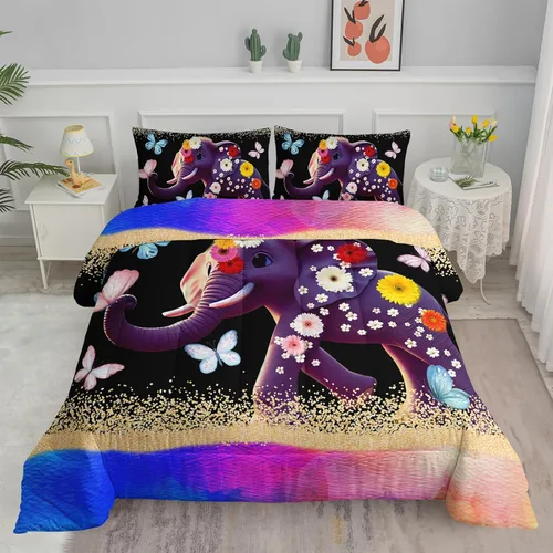 Axolotl Juego de ropa de cama de elefante 3D, tamaño matrimonial, bonito juego de edredón de mariposa voladora, margarita, purpurina degradada para
