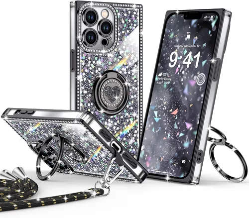 Miniatura 30 de XYZ Funda para iPhone 13, con purpurina brillante con soporte de corazón de 2 anillos y cordón, funda protectora a prueba de golpes con diamantes