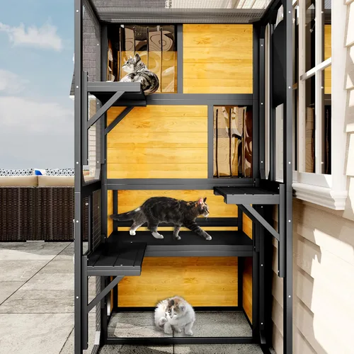 Miniatura 6 de Merax Catio - Caja grande para gatos de 4 niveles para exteriores, casa para gatos resistente a la intemperie fijada a la ventana para múltiples