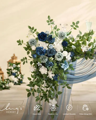 Miniatura 3 de Ling's moment 2 piezas de guirnaldas florales artificiales azul polvoriento, centros de mesa de rosas, decoración de flores de boda, arreglos