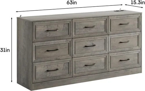 Miniatura 2 de Fameill - Cómoda para dormitorio, organizador de 9 cajones con estación de carga, cómoda alta para pasillo, cómoda de madera con tiradores de metal