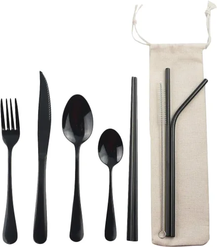 Miniatura 12 de Utensilios reutilizables plateados con estuche, saludables y ecológicos, juego de vajilla portátil de acero inoxidable de 8 piezas, juego de vajilla