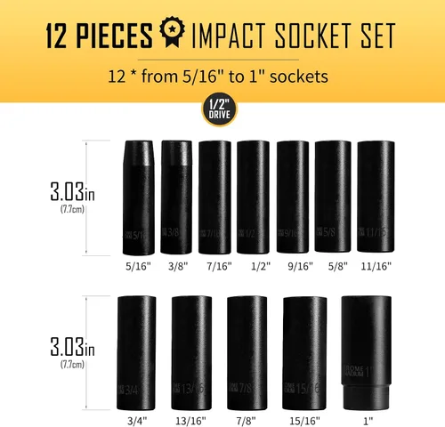 Miniatura 3 de BOEN Juego de 57 llaves de impacto SAE y métricas de 1/2 pulgada, revestimiento de fosfato negro, diseño de 6 puntos, cumple con las normas ANSI
