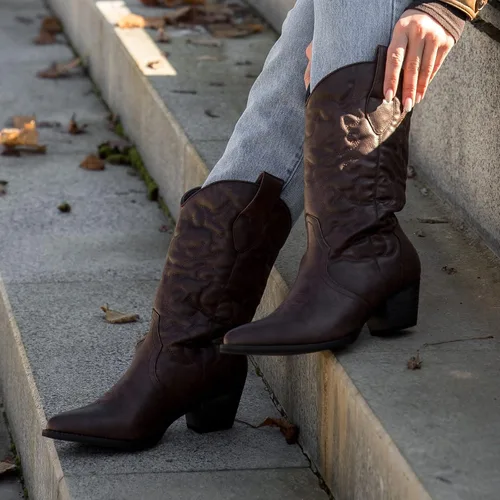 Miniatura 8 de Rollda Botas vaqueras occidentales para mujer con punta puntiaguda, botas vaqueras de media pantorrilla, botas de moda bordadas con tacón grueso