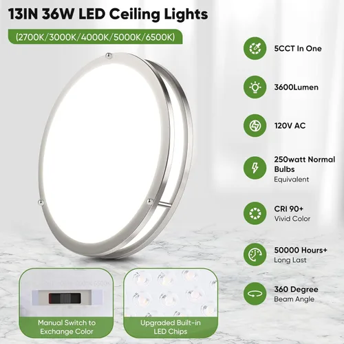 Miniatura 6 de Lámpara de techo LED de montaje empotrado de 36 W, lámpara de techo LED de 13 pulgadas 3600 LM, lámpara de techo moderna 2700 K/3000 K/4000 K/5000
