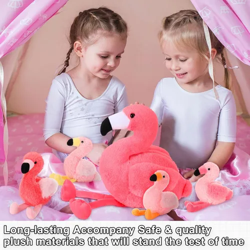 Miniatura 6 de Skylety Animal de peluche de flamenco de 18 pulgadas con 4 bebés, juguetes de peluche en el interior con cremallera para mamá, flamenco rosa