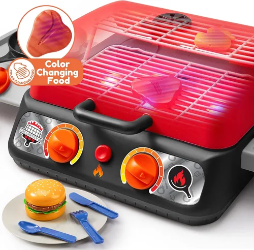 Miniatura 3 de Juego de parrilla para barbacoa para niños, juego de juguetes de cocina con humo de simulación, luz, sonido y alimentos que cambian